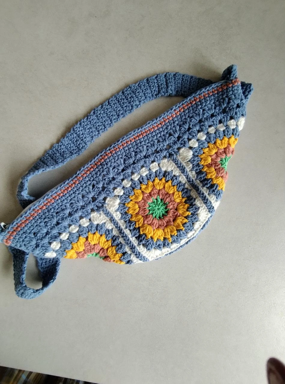 Sac à bandoulière fait main banane tas rétro bleu jaune – photo 3